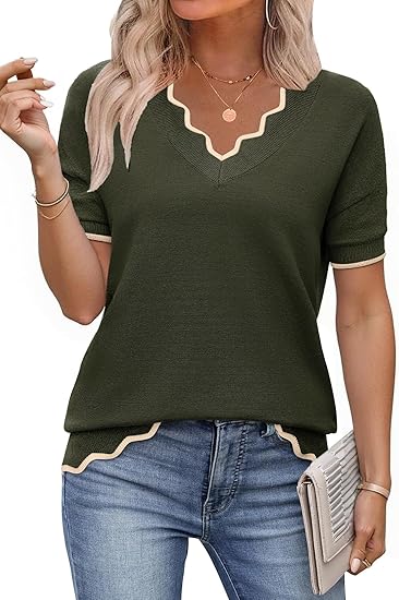 Women's Casual V Neck Short Sleeve Sweater Ribbed Knit Lightweight Sweaters Tops Fashion Clothing Outfits
